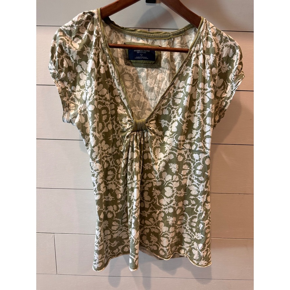 American Eagle Outfitters Olive Green Floral V-Neck Knot Front Cotton Top Large